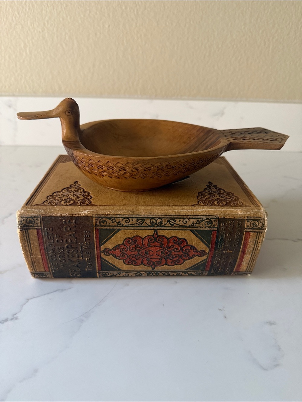 Hand-Carved Wooden Duck Trinket Dish Folk Art